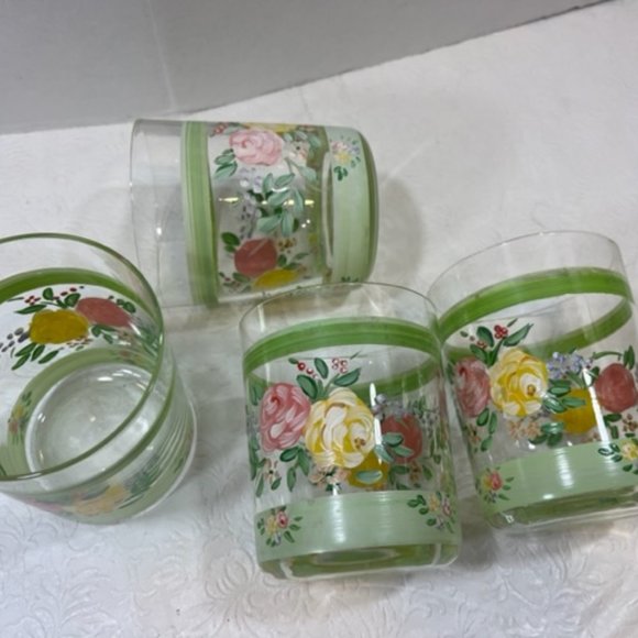 VTG Hand Painted Wide Rim Floral Drink Glasses Double Old Fashion 16oz SET OF 4 - Picture 12 of 15